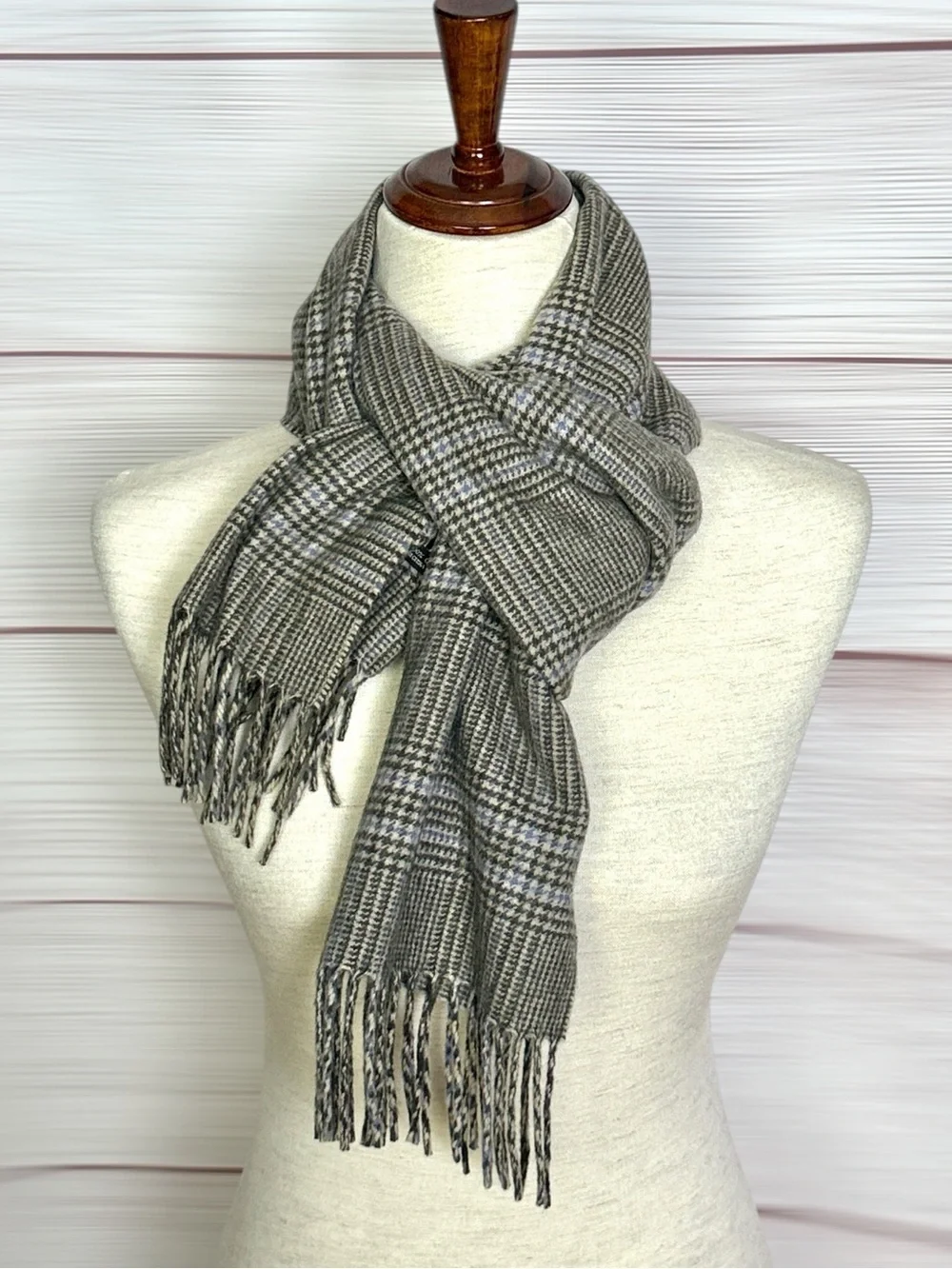 Amicale Cashmere Scarf Glen Plaid Taupe Beige Blue Fringe 12x64  Men's Women's